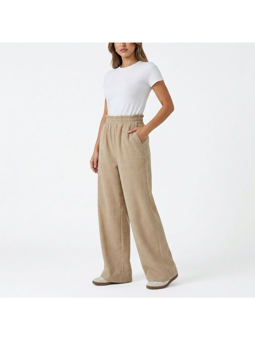 Halara High Waist Wide Straight Leg Baggy Mop Corduroy Pants Size L Beige Pocket